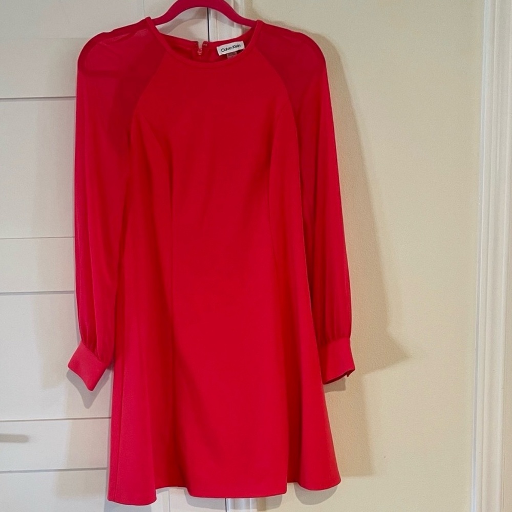 Calvin Klein Vibrant Hot Pink Sheer Long Sleeve Dress Size 4 EUC